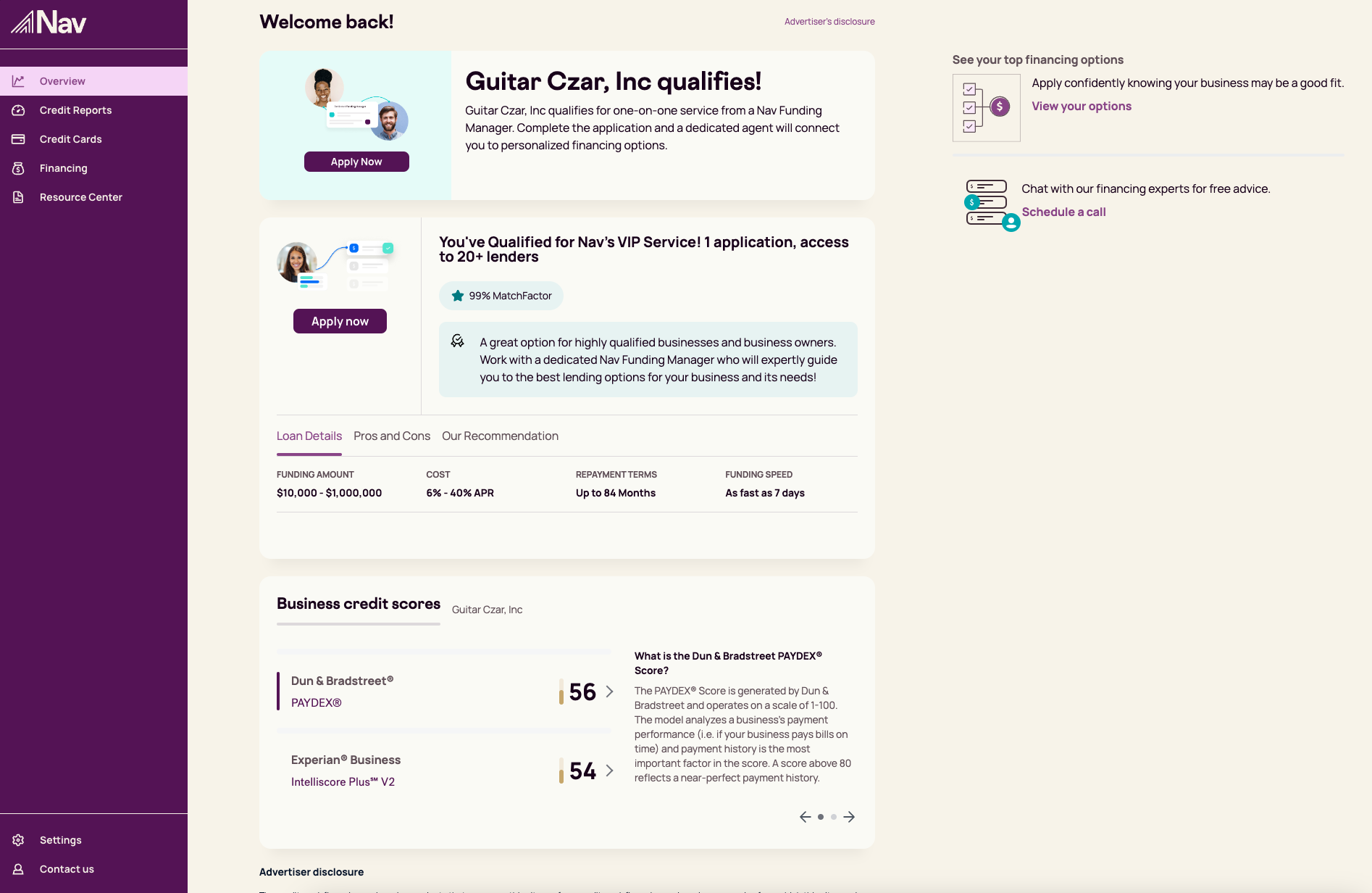 An example of Nav's embedded financing homepage showing a CTA and a featured offer